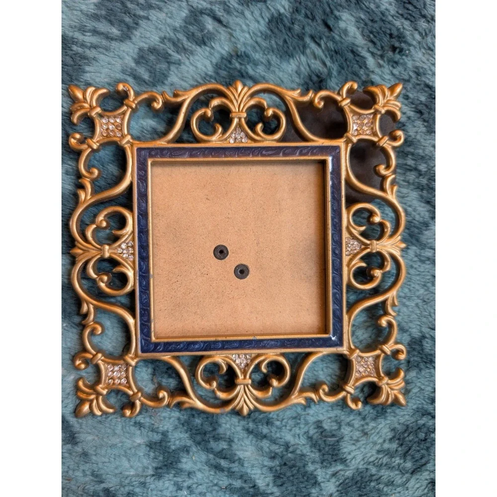 VTG 90s Ornate Gold Filigree Mini Pic Frame Blue Enamel Crystal Baroque Revival